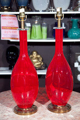 Pair Of Mid  Century Lamps  In  Red   Glass