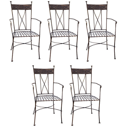 Set of Five Wrought Iron Armchairs with Overlay