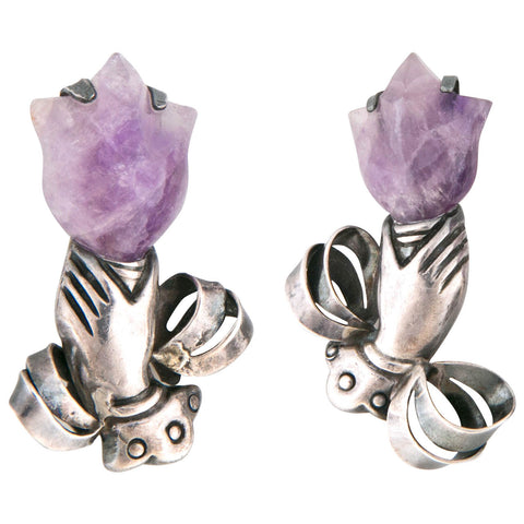 William Spratling's Unmatched Pair of Amethyst Sterling Silver Pins