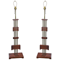 Pair of Standing Mahogany And Brass Standing Floor Lamps