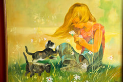 Oil Painting "Girl With Flowers and Cats" by Rabeinter