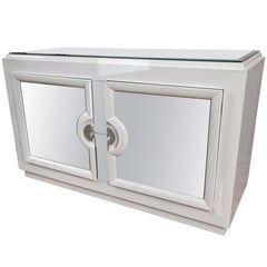 White Lacquered Credenza with Juxtaposing Mirrored Doors and Top